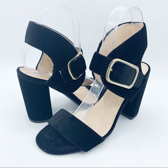 Qupid Women’s Velvet Wide Strap Chunky Heel Sandals in Black Sz 7 - Picture 15 of 15